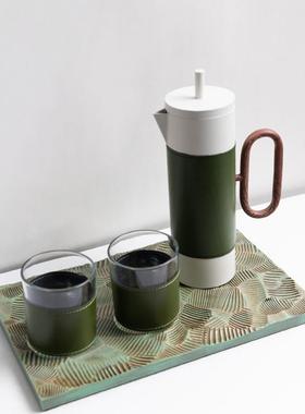 Dnnni绿色咖啡壶托盘摆件轻奢装饰品道具样板房客厅餐厅酒店会所