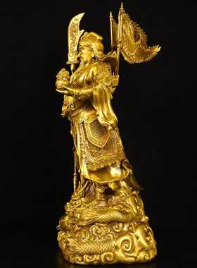 黄铜关公摆件客厅九龙关公铜像武财神关公像商铺家用供奉神像大号