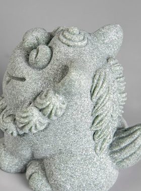 逗兽记新中式风狮爷铜钱办公玄关装饰摆件青砂石鱼缸饰品造景摆件