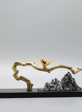 新中式创意假山枝上铜鸟招财摆件家居客厅玄关电视柜现代软装饰品