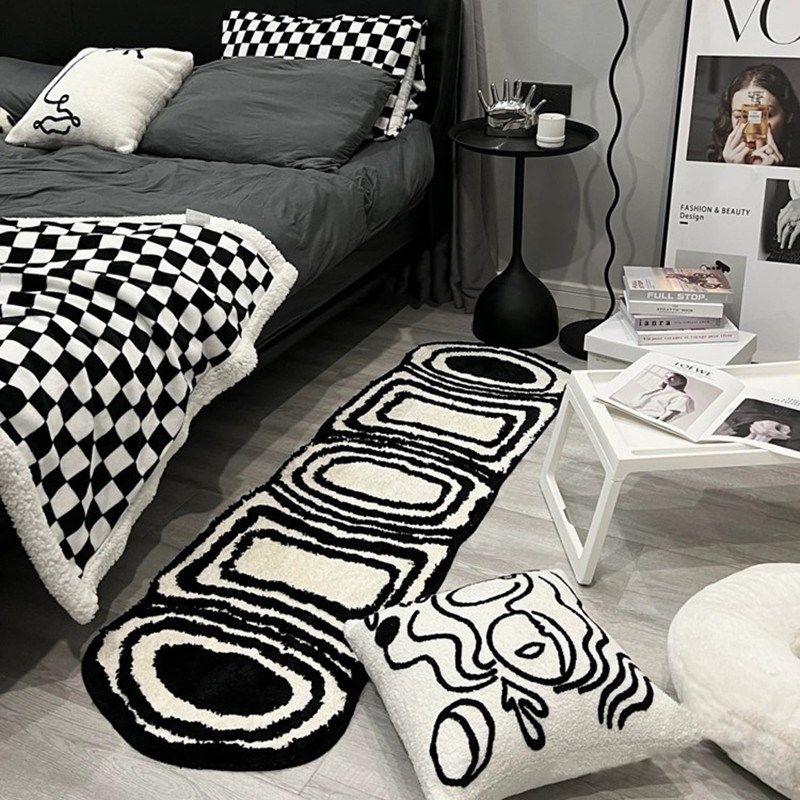 黑白风小地毯卧室加厚毛绒床边毯高级感主卧床前床下ins风地垫,淘宝优惠券,粉丝福利购,淘宝优惠卷