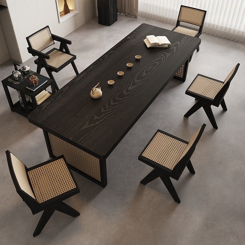 侘寂风实木藤编茶桌椅简约家用小户型茶几黑色实木长方形茶桌茶台,淘宝优惠券,粉丝福利购,淘宝优惠卷