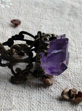 紫水晶戒指女纯晶簇手工定制古铜镂空气质简约活口指环两件包邮