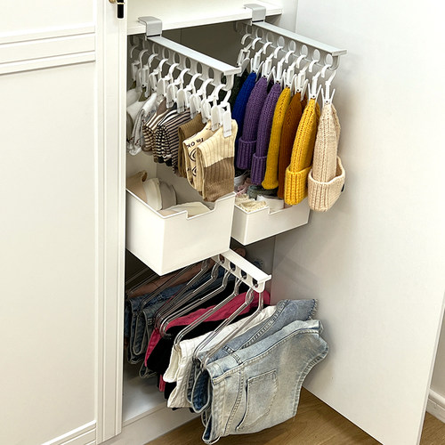 裤架伸缩滑轨衣柜内置抽拉式顶装家E用收纳多功能多层折叠裤衣架 - 图1