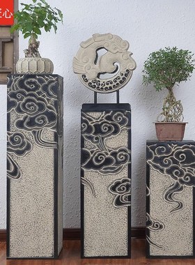新中式仿古祥云展示柱落地摆件茶室栓马柱家居客厅玄关装饰品底座