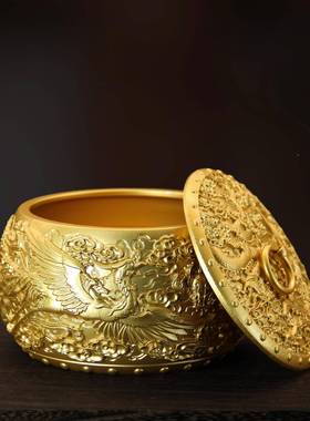 黄铜五418龙茶叶罐盖五呈铜烟灰缸办带祥公室创龙意铜器金属铜摆