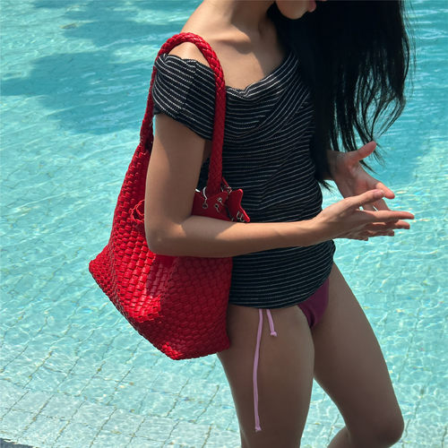 ECODAY中号秋季原创设计编织包通勤旅游托特包手提单肩包女香槟色 - 图1