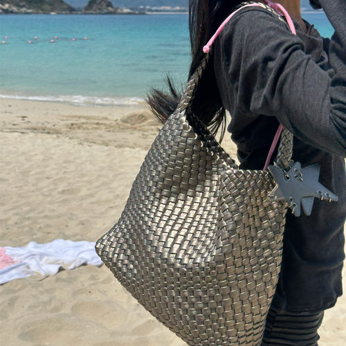 ECODAY中号秋季原创设计编织包通勤旅游托特包手提单肩包女香槟色 - 图2