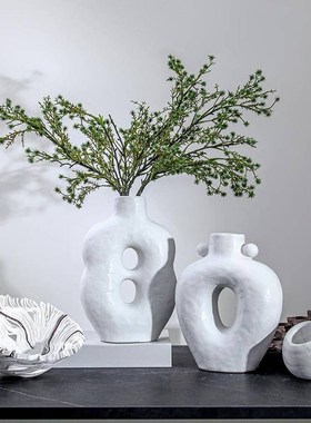 简约现代双拼色几何陶瓷摆件样板间茶室酒店客厅T创意花器软装摆
