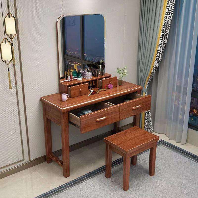 胡桃木实木梳妆台现代新中式简约高档化妆桌妆凳卧室小户型收纳柜 - 图0
