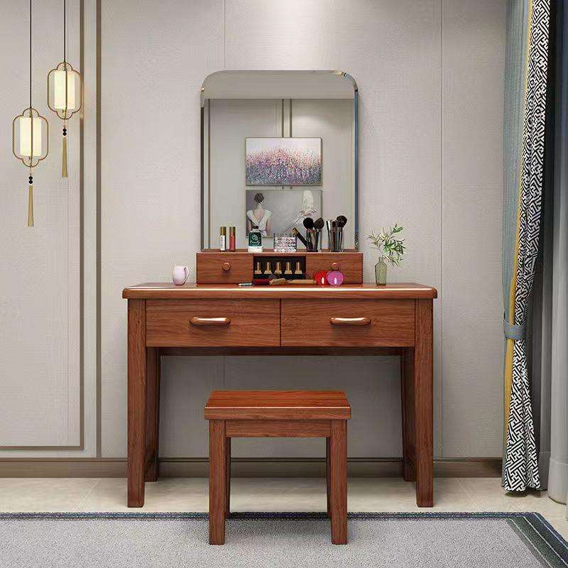 胡桃木实木梳妆台现代新中式简约高档化妆桌妆凳卧室小户型收纳柜 - 图1