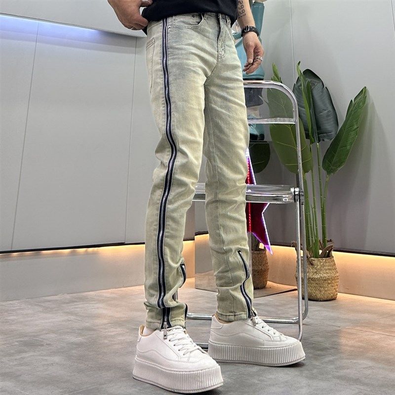 重磅美式侧拉链设计牛仔裤男夏季薄款个性百搭修身水洗直筒九分裤,淘宝优惠券,粉丝福利购,淘宝优惠卷