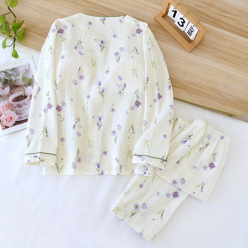 带胸垫免文胸婴儿纯棉双层纱布睡衣女春秋夏季薄款长袖长裤家居服,淘宝优惠券,粉丝福利购,淘宝优惠卷