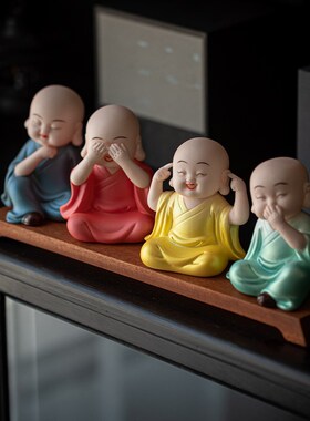 禅意四不小和尚摆件可爱小沙弥陶瓷工艺品中式茶室桌面博古架装饰