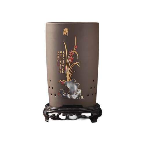 李绅紫砂兰花盆陶瓷圆筒大口径透气吊兰家用兰草君子兰用花盆带托 - 图3