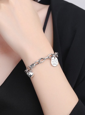 锦河畔 S925纯银字母爱心手链女简约ins小众设计泰银复古网红时尚