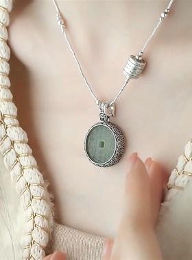 S925a银复古做旧山鬼平安扣吊坠和田玉新中式民族风气质女款挂坠