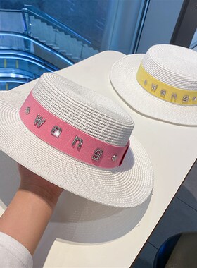 白色帽子女夏季法式复古赫本风草帽镶钻字母出游度假防晒遮阳礼帽
