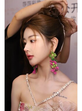 康康造型新娘耳环绿色水晶串珠结婚礼服婚纱敬酒服晨袍旗袍耳饰品