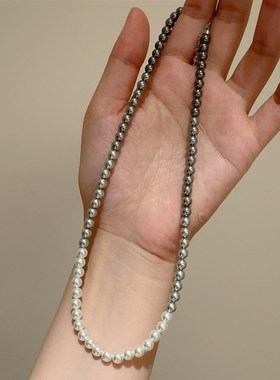 素雅随性金色渐变灰色渐变金色混采珠串5mm珍珠万能扣项链女925银