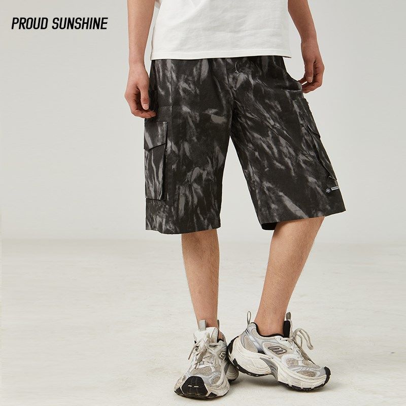 夏季潮男扎染宽松纯棉工装七分裤黑色阔腿多口袋运动休闲美式短裤,淘宝优惠券,粉丝福利购,淘宝优惠卷