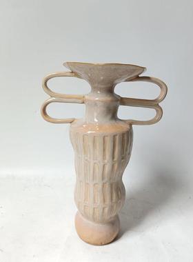 简约侘寂双耳陶瓷花瓶艺术摆件家居样板间民宿餐桌插花器软装饰品