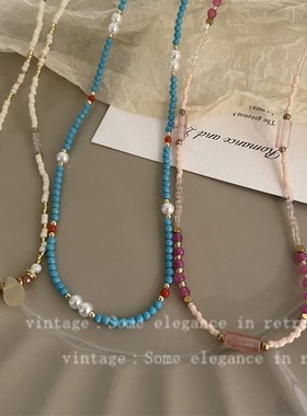 时尚珍珠天然石串珠项链女小众气质个性简约复古中古风锁骨链颈链