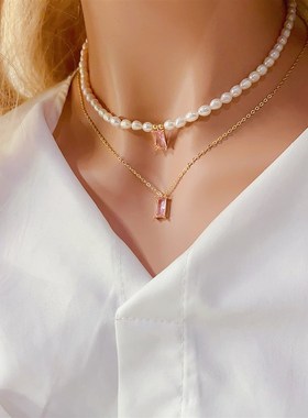 复古淡水珍珠项链女祖母绿锆石吊坠锁骨链颈链女高级感珍珠项链女