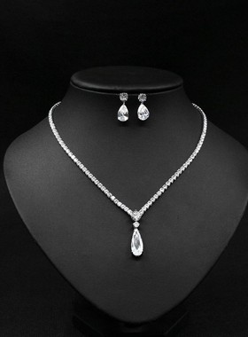 项链锆石套装简约女链礼服饰品风新娘耳环轻奢925超闪红色婚纱微