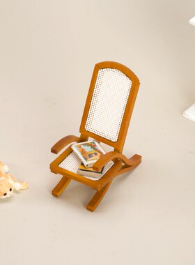 1:12微缩模型娃娃屋中古实木藤编椅阳台休闲复古单人沙发椅子