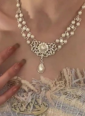 法式水滴珍珠项链复古公主宫廷风锁骨新娘婚纱晚礼服镶钻锆石颈链