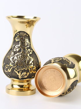 家居装饰摆件观音供佛花瓶纯铜仿古牡丹莲花客厅插花摆设佛具用品