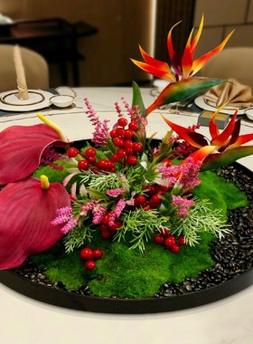 新中式酒店大圆餐桌中间摆花高端饭店转盘氛围摆件装饰品景观造景