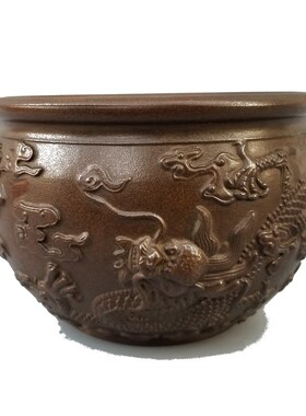 双龙戏珠缸黄铜缸铜香炉聚财龙缸家用办公文房用品铜笔洗装饰摆件