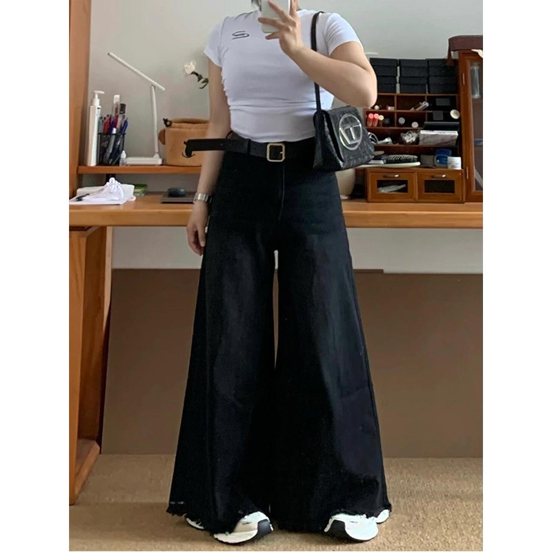 300斤女装美式高街黑色毛边牛仔裤女胖mm大码裤子阔腿裤显瘦长裤 - 图0