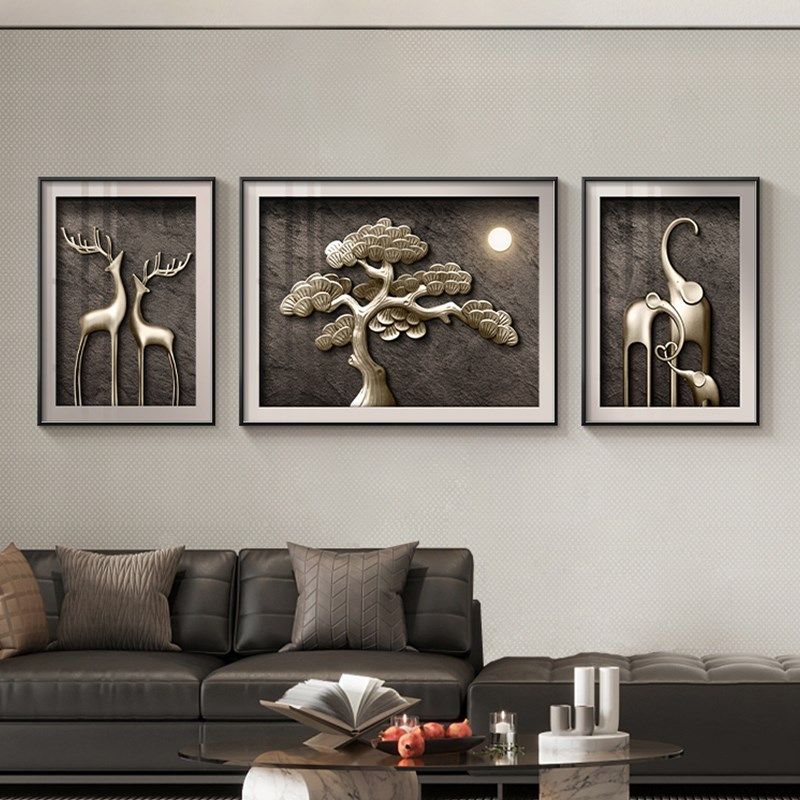 迎客松客厅装饰画轻奢发财树麋鹿沙发背景墙挂画大象高档三联壁画,淘宝优惠券,粉丝福利购,淘宝优惠卷