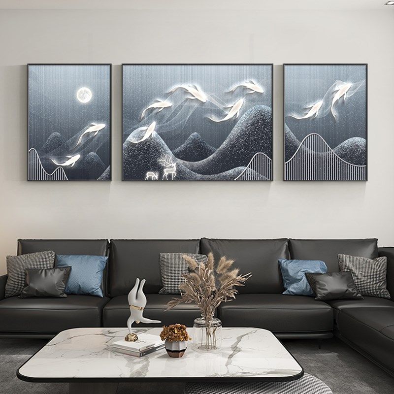 迎客松客厅装饰画轻奢发财树麋鹿沙发背景墙挂画大象高档三联壁画,淘宝优惠券,粉丝福利购,淘宝优惠卷