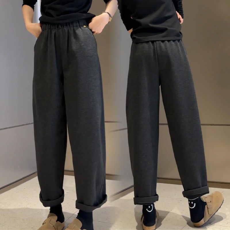 深灰色直筒休闲裤女2024秋冬新款胖妹妹mm高腰弹力显瘦毛呢卫裤潮,淘宝优惠券,粉丝福利购,淘宝优惠卷