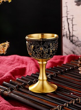 纯黄铜浮雕龙凤高脚杯复古做旧白酒杯金属一口杯家用婚庆酒具摆件
