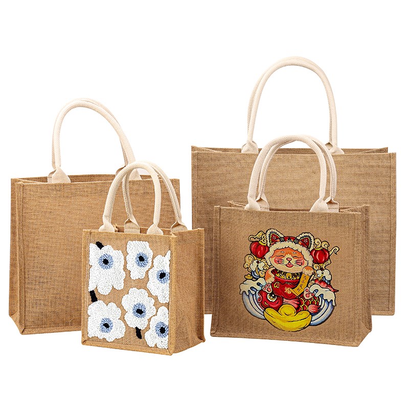 麻布手提袋手工diy戳戳绣手绘棉麻亚麻帆布黄麻袋子环保购物袋 - 图3