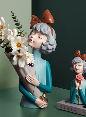 捧花女孩玄关装饰摆件树脂花瓶轻奢高H档客厅电视柜花元素家居好