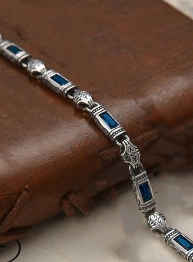 S925银手链新款重工土耳其风格唐草纹G镶石宽5mm男女新款大方时尚