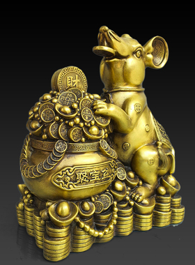 黄铜金鼠招财摆件聚宝盆鼠金币鼠开业乔迁创意客厅电视柜酒柜摆设