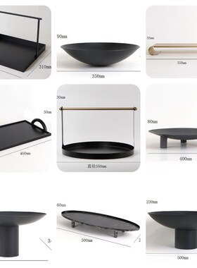 新中式轻奢描金哑黑托盘摆件客厅书房办公M室样板间果盘软装摆设