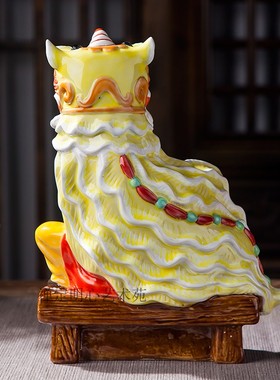 石湾陶瓷家居装饰品客厅摆件开业送礼G岭南名俗醒狮舞狮文化 彩青