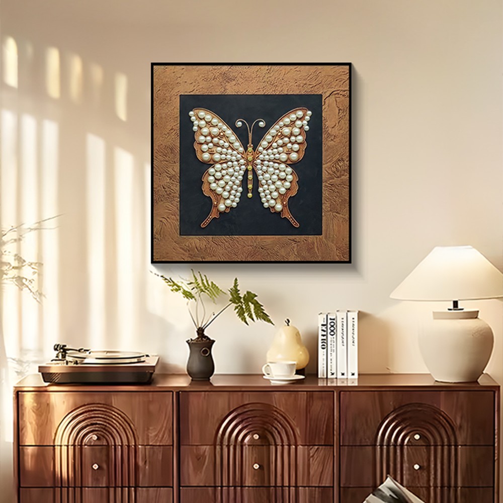 法式珍珠画 中古风立体卧室装饰画餐厅桌面摆画客厅挂画蝴蝶6060 - 图0