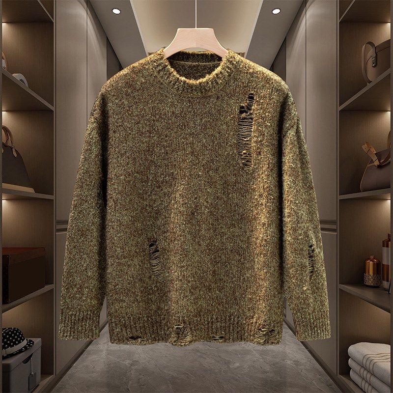 冬季毛衣男士破洞针织衫青年韩版宽松2024新款套头线衣打底衫潮流,淘宝优惠券,粉丝福利购,淘宝优惠卷