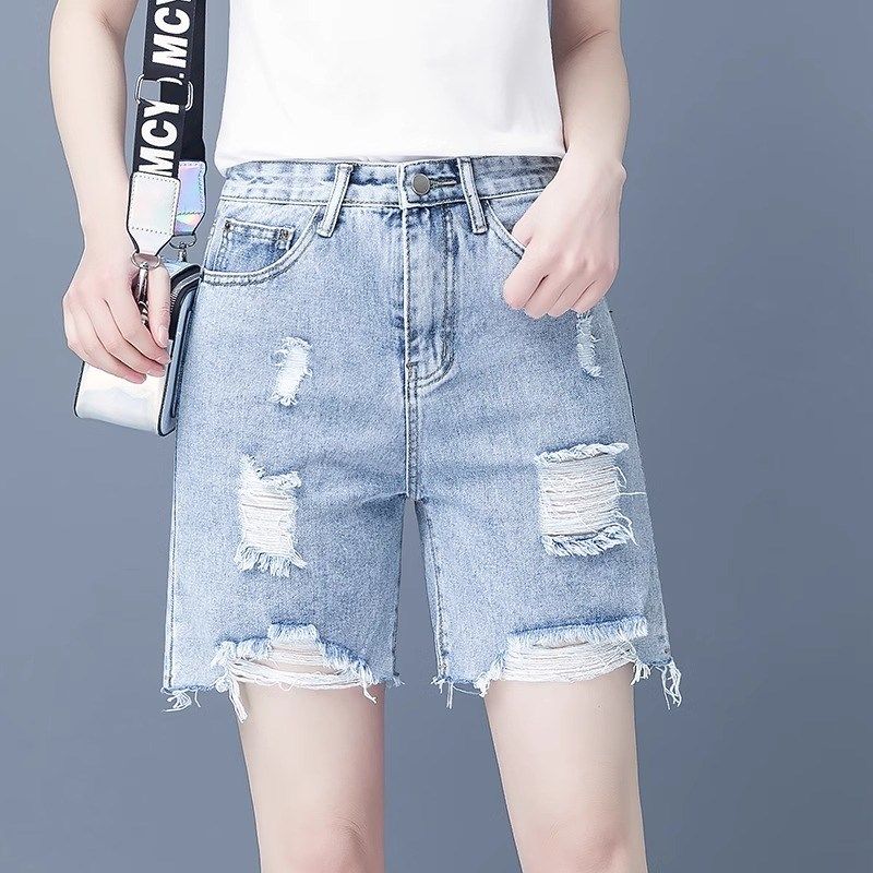 五分牛仔短裤女直筒宽松夏季薄款新款高腰5分阔腿破洞中裤子简约,淘宝优惠券,粉丝福利购,淘宝优惠卷