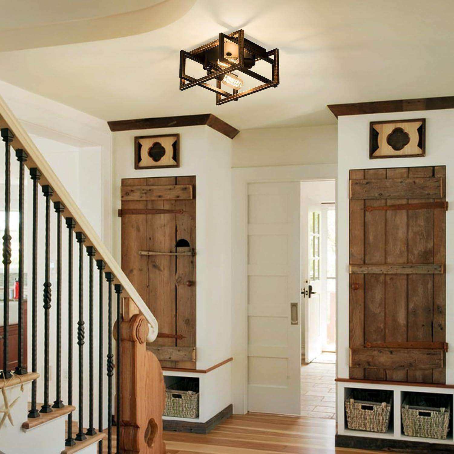 跨境亚马逊美式复古工业走廊卧室楼道阳台玄关黑色四方铁艺吸顶灯,淘宝优惠券,粉丝福利购,淘宝优惠卷