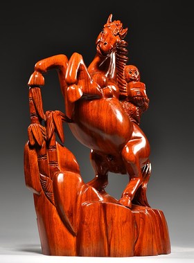 花梨实木马到成功摆件红木雕刻白菜生肖木头马P工艺品家居装饰礼